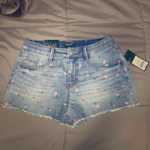 high rise flower print denim shorts